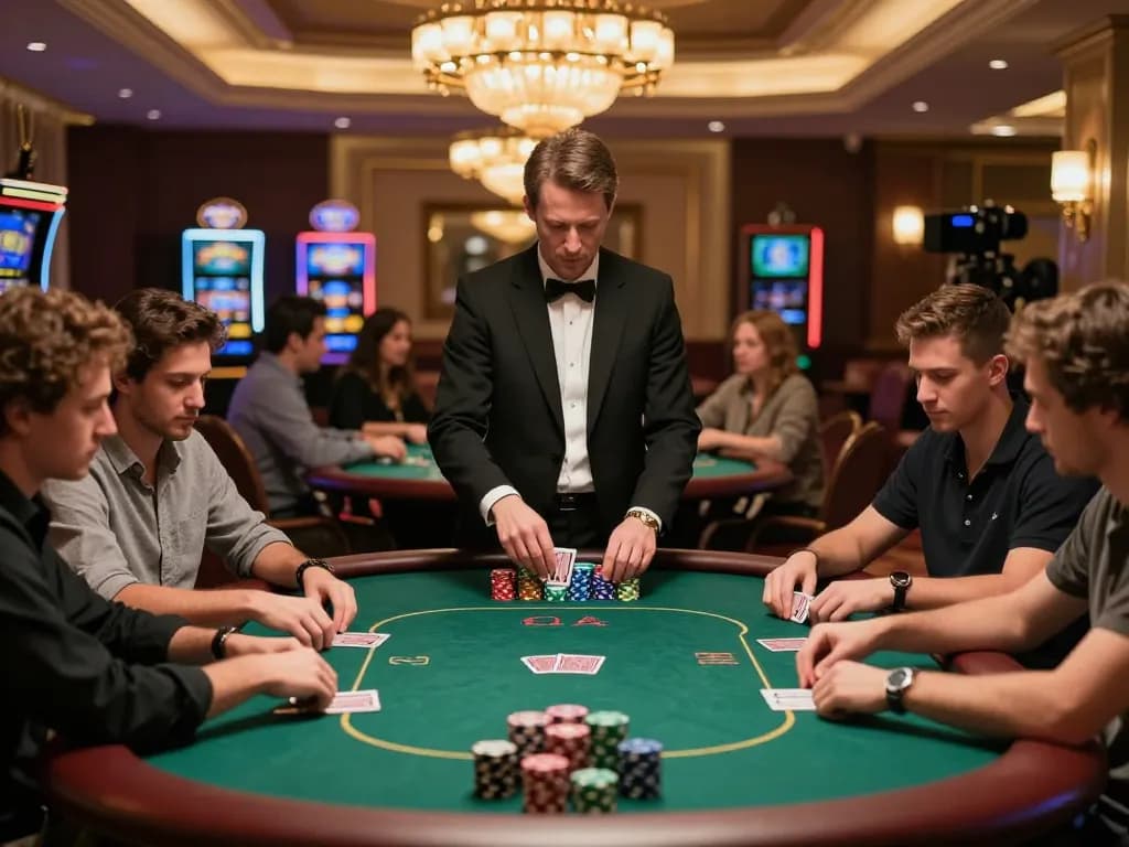 68gamebaivn players engaged in an exciting poker game surrounded by luxury casino atmosphere.