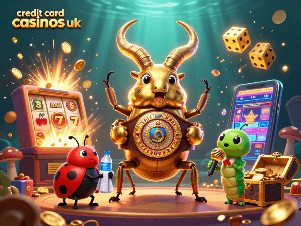 Engage with the best credit card casinos UK in a vibrant 3D casino scene showcasing fun characters.
