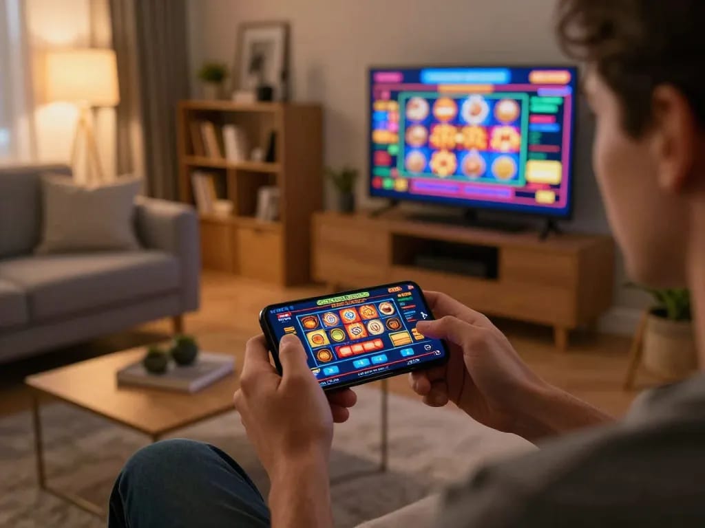 Person actively engaging with the 99WIN casino app in a cozy home setting, surrounded by a vibrant gaming atmosphere.