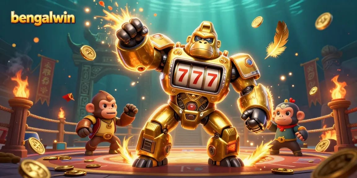 Bengalwin's golden gorilla mech in a vibrant, dynamic casino scene surrounded by winnings and excitement.