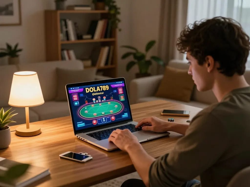 DOLA789 player engaged in online gaming strategy at home with vibrant poker interface on screen.