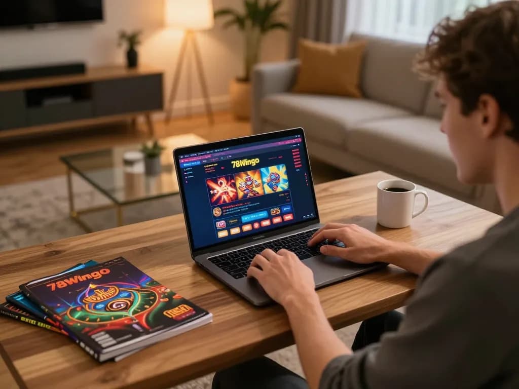 Engaged player exploring 78wingo online casino on laptop in cozy living room setting