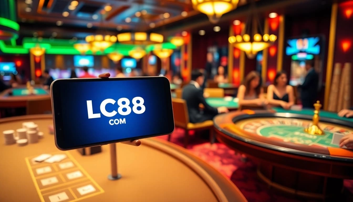 Players enjoying games at a casino table with an LC88 COM logo on a mobile device.