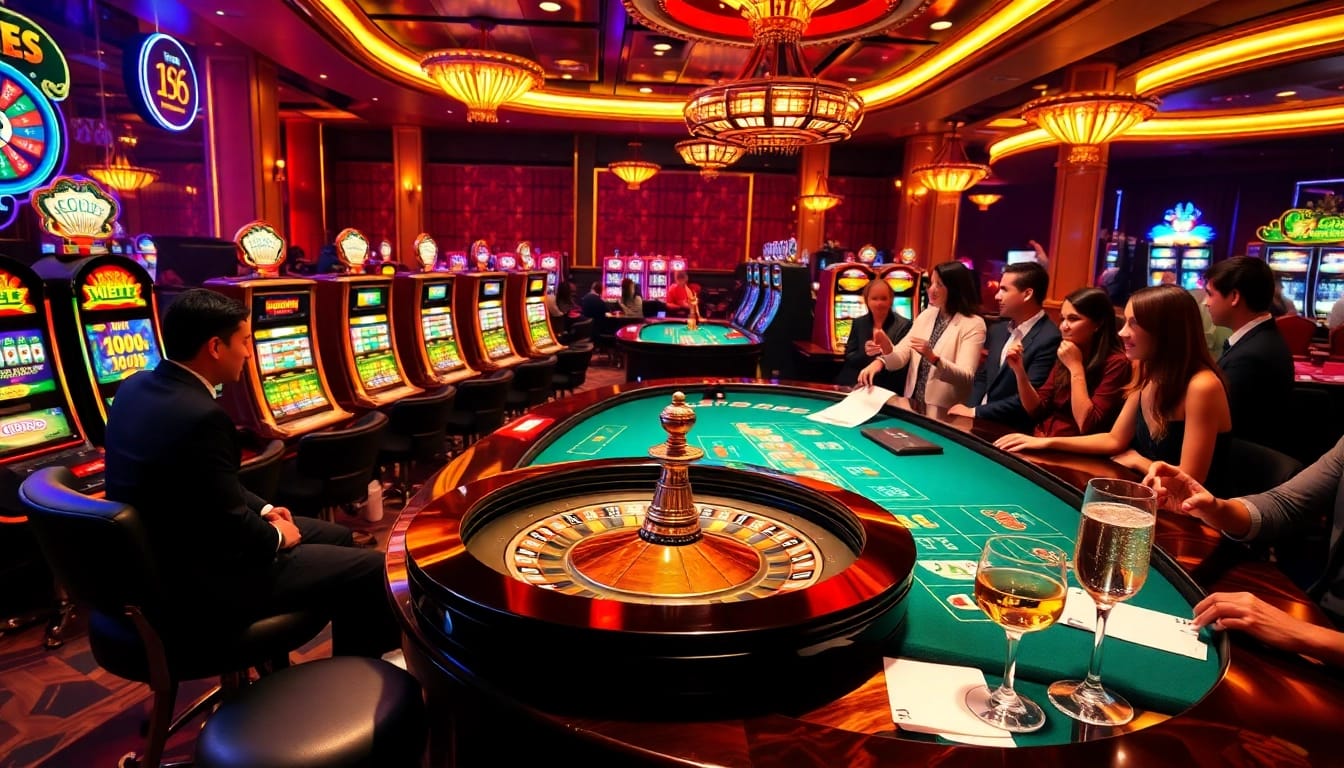 Experience the thrill of gambling at uu88 vom with an elegant casino scene featuring roulette and slot machines.