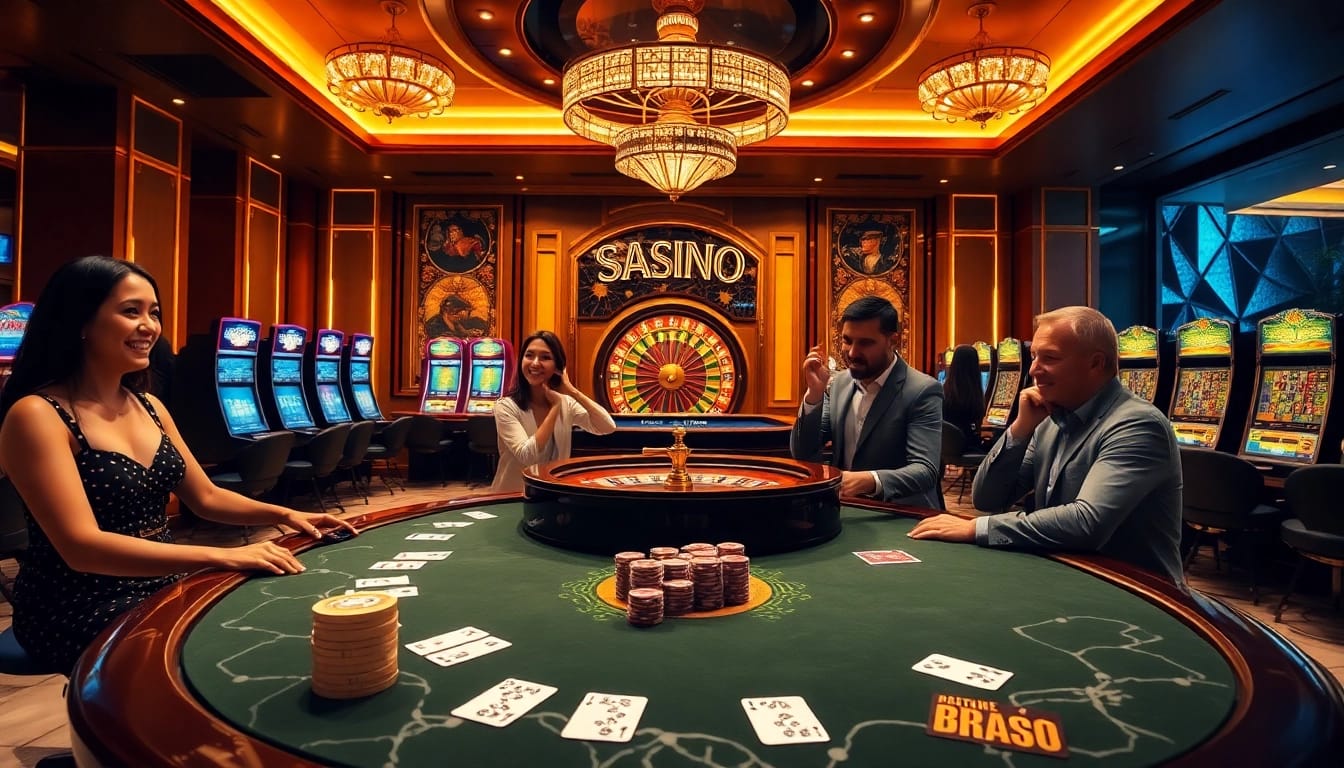 SODO Casino interior featuring a luxurious poker table and engaging players in an exciting gambling atmosphere.