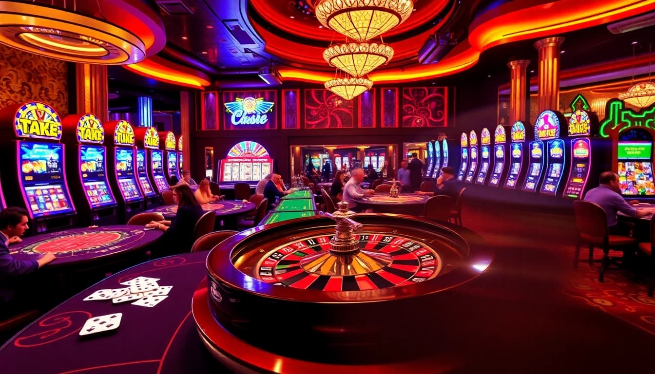 Players enjoying vibrant casino games at F168 law-compliant tables, surrounded by exciting gambling elements.