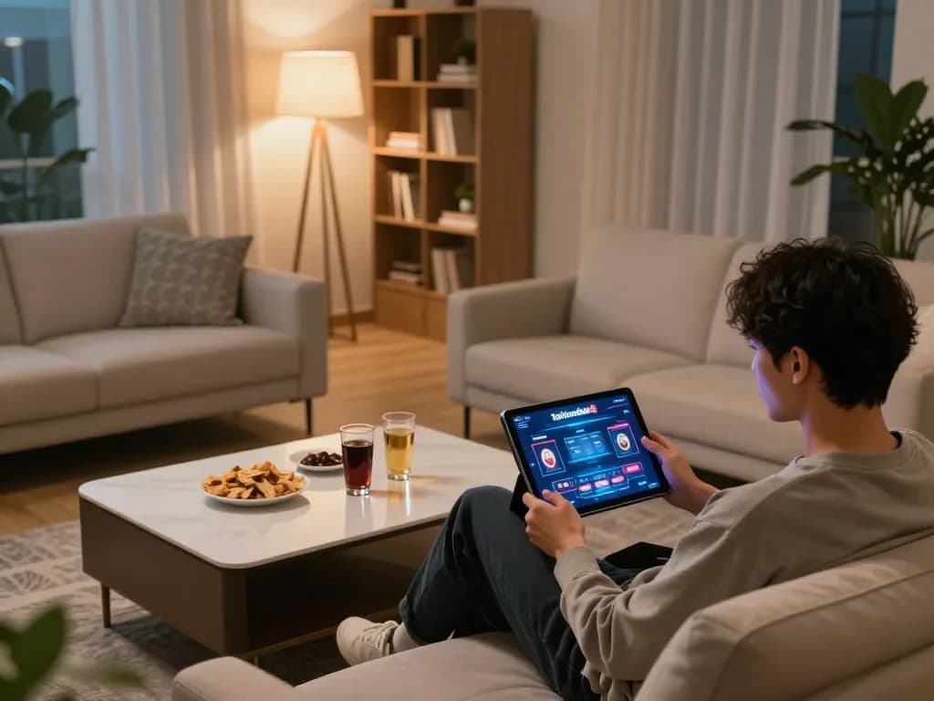 Engaging online gambling moment using taixiuonline8 on tablet in cozy home setting.
