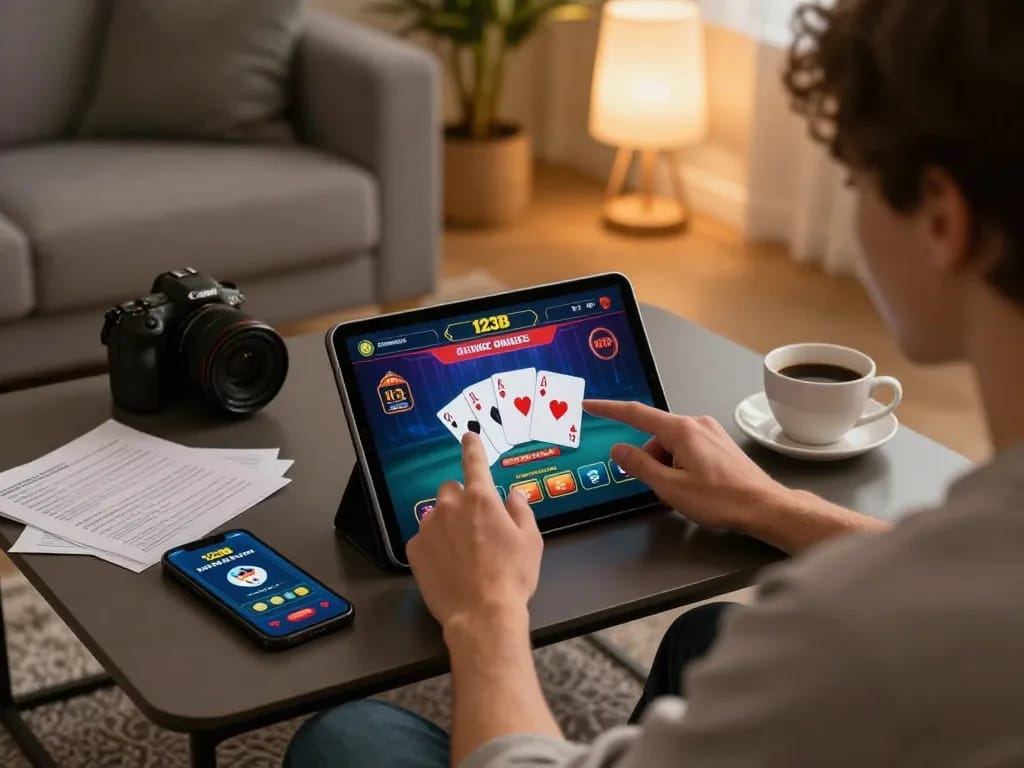 Engaging user playing casino games on 123B app in a cozy home setting, illustrating responsible gaming.