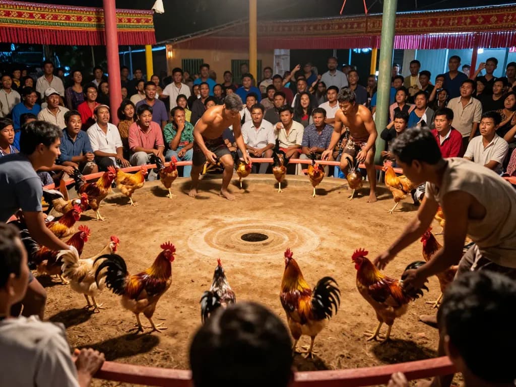 Engaging atmosphere at Đá gà thomo live chicken fighting arena, showcasing excitement and action in the match.