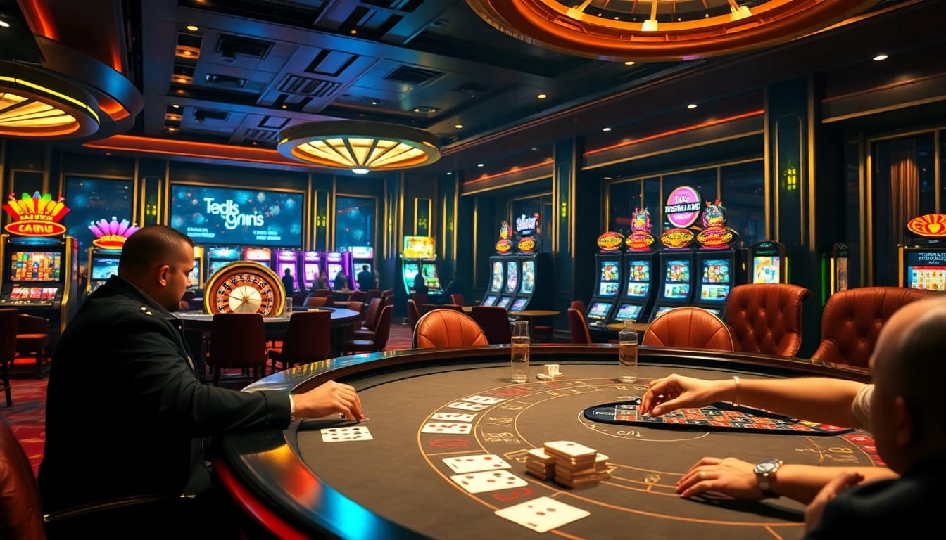 Players enjoying a thrilling card game at XX88 casino, accented by vibrant slot machines.
