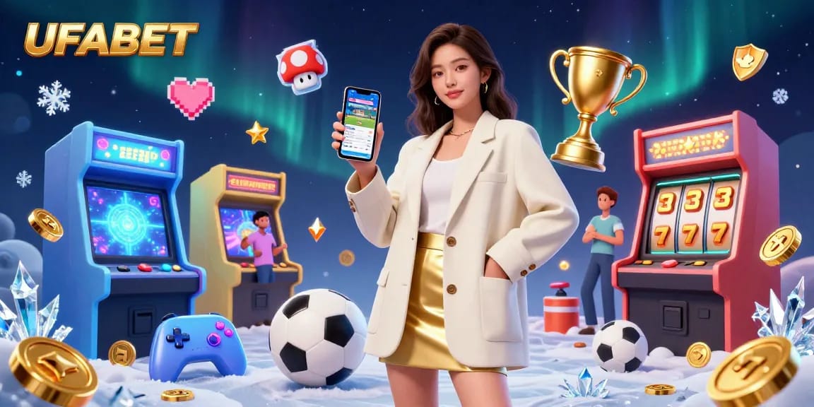 Engage with UFABET's dynamic sports betting experience through an inviting smartphone display in a vibrant casino atmosphere.