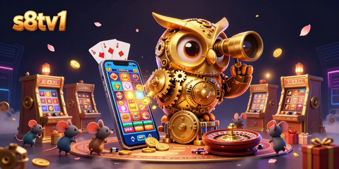 Experience thrilling action with s8tv1's massive golden owl overseeing the vibrant casino floor.
