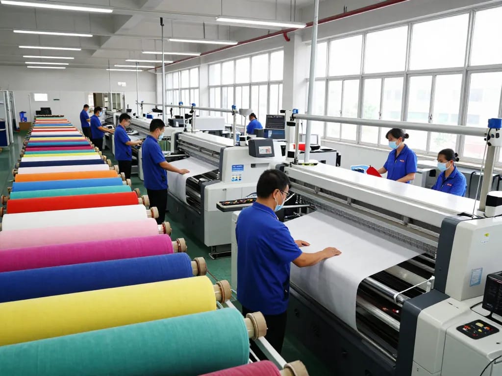 Sunwin textile production showcasing vibrant fabric rolls and skilled workers in a modern facility.