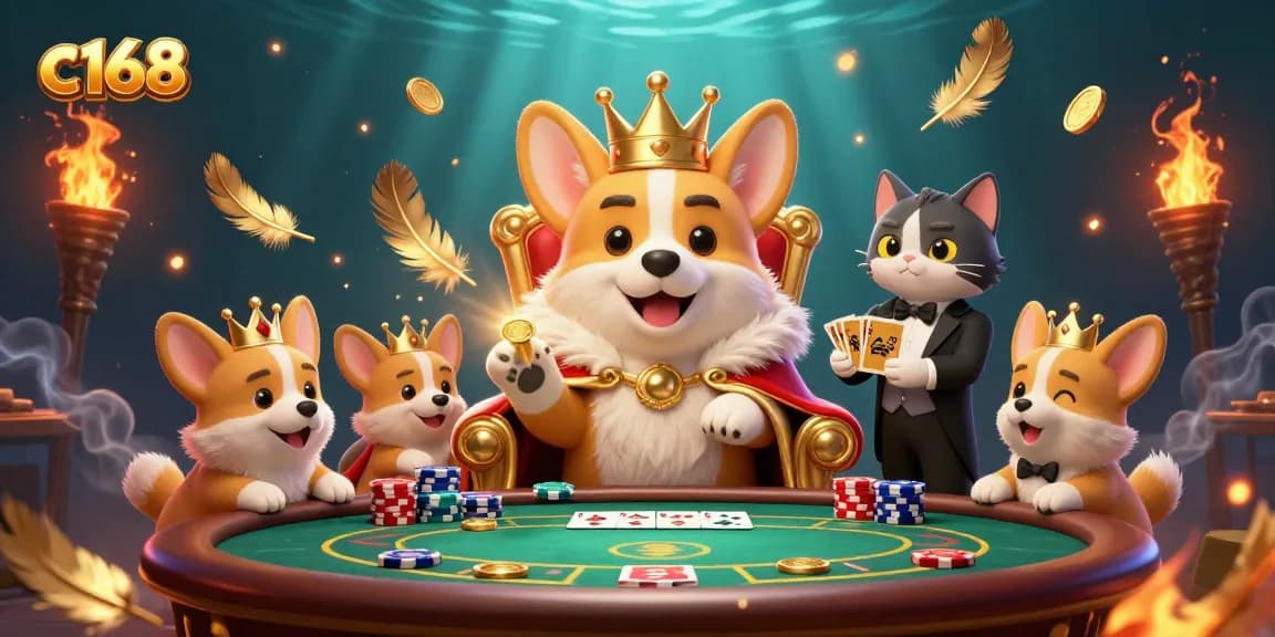 Experience vibrant casino action with the c168 royal corgi on a poker throne amid coins and cards.