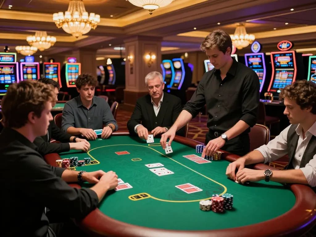 HB88 players enjoying a thrilling poker game in an upscale casino, showcasing intense gameplay and a luxurious atmosphere.