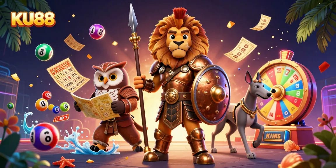 Engage with KU88 as the Spartan lion, tactical owl, and greyhound create a dynamic casino scene.