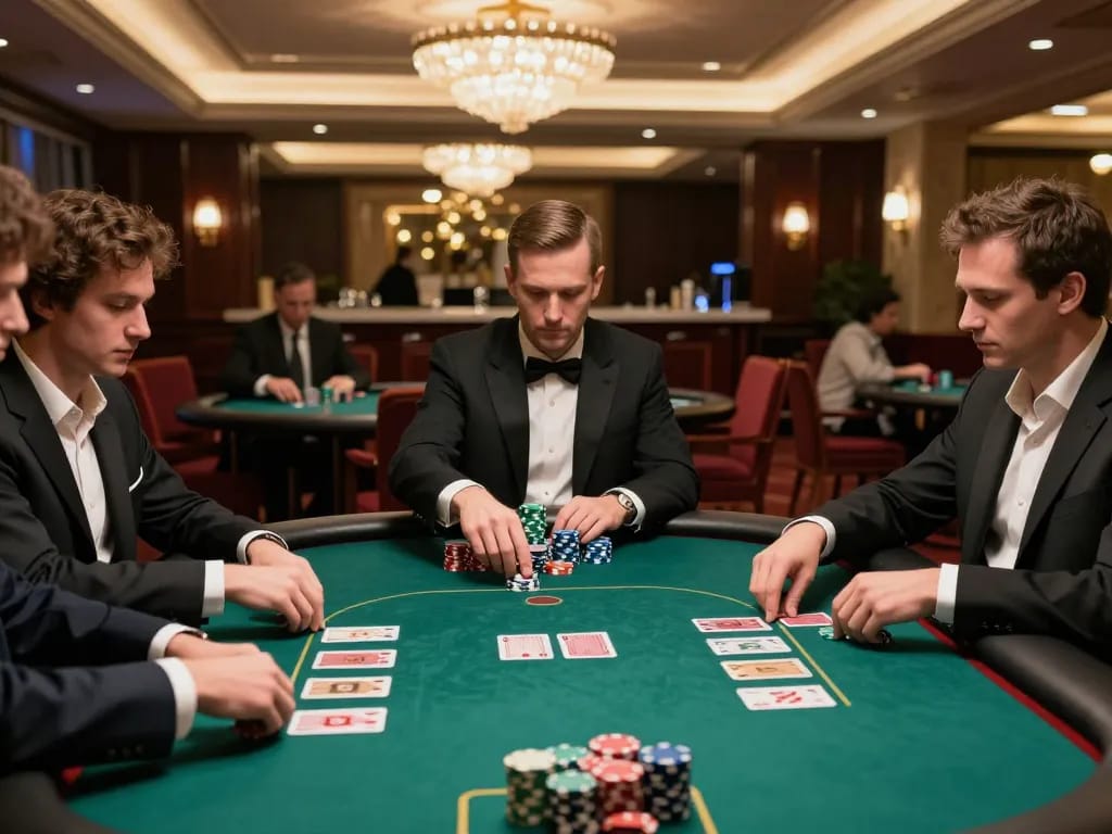 Play intense poker with FC88 at a luxurious casino table under elegant lighting