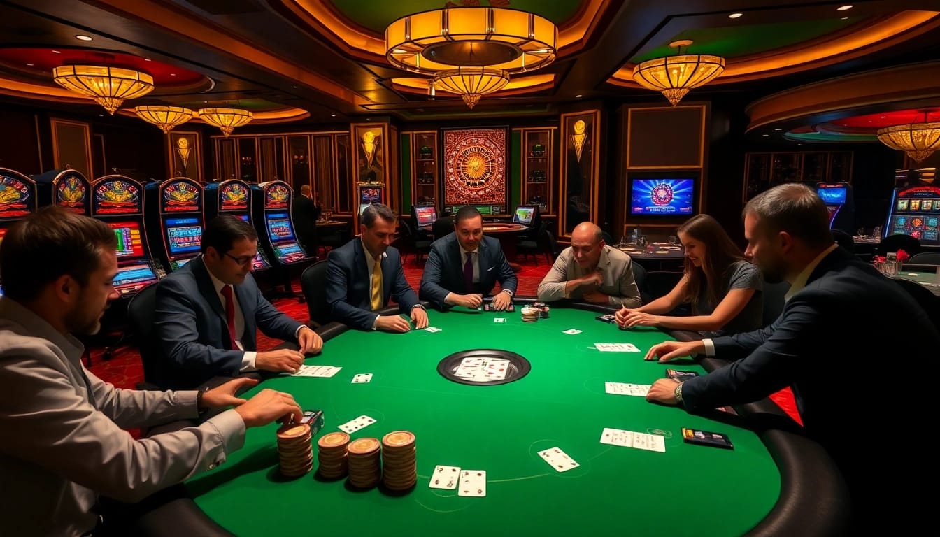 Hit club players strategizing at a luxurious poker table with vibrant casino elements.