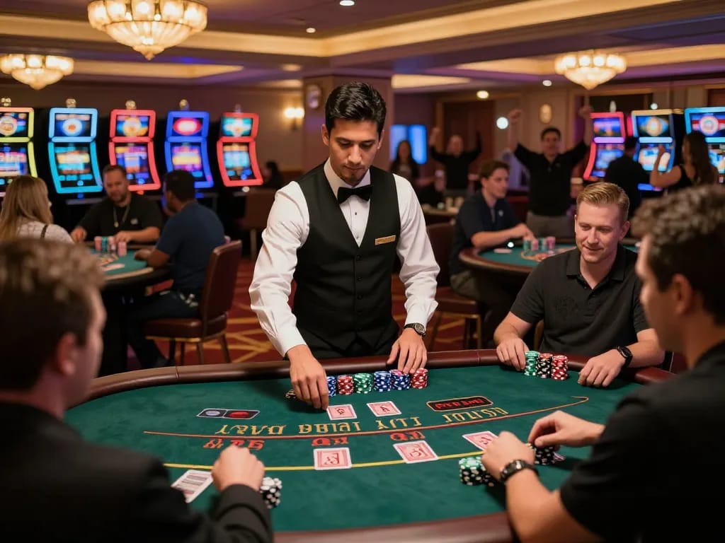 Excited players engaging in high-stakes blackjack at 7M casino with vibrant atmosphere and warm lighting