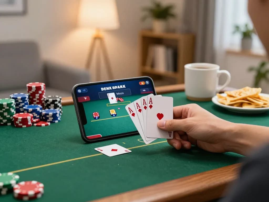 Engage in daftar idn poker with a dynamic mobile game scene featuring colorful chips and a winning hand