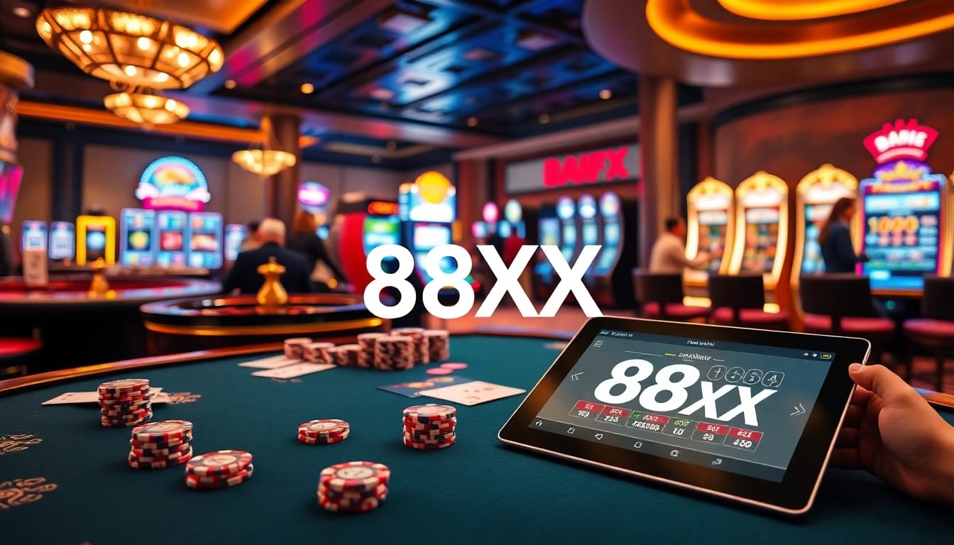 Experience high-stakes excitement at 88XX's vibrant poker table in a luxurious casino setting.