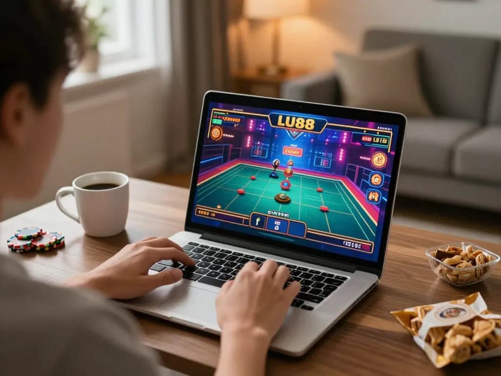 Engaging online LU88 gaming experience in a cozy home setting with a player focused on the screen