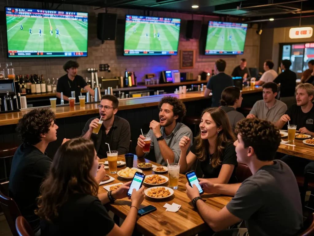 Socolive streaming live football in Full HD at a sports bar, fans engaged and excited