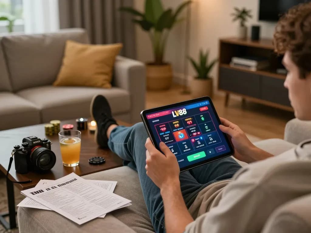 Engaging in strategic gameplay at LV88 casino app while relaxing at home.