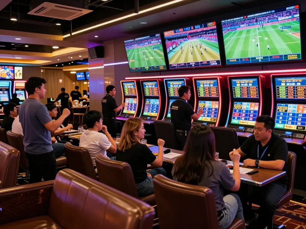 Engaged bettors at TA88 sports betting area, focused on screens showing live events and odds.