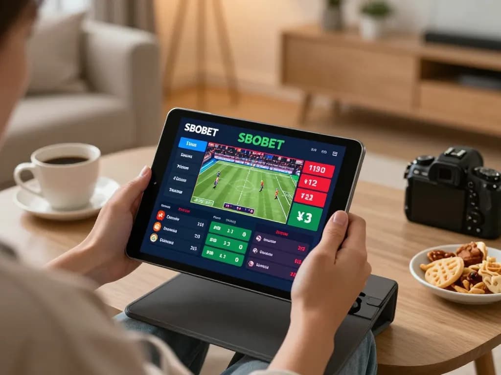 SBOBET sports betting on tablet in a cozy home with live odds displayed, showcasing responsible gaming.