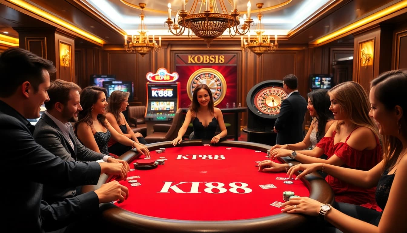 Engage with KP88 at an exciting poker table, showcasing vibrant chips and a professional dealer.
