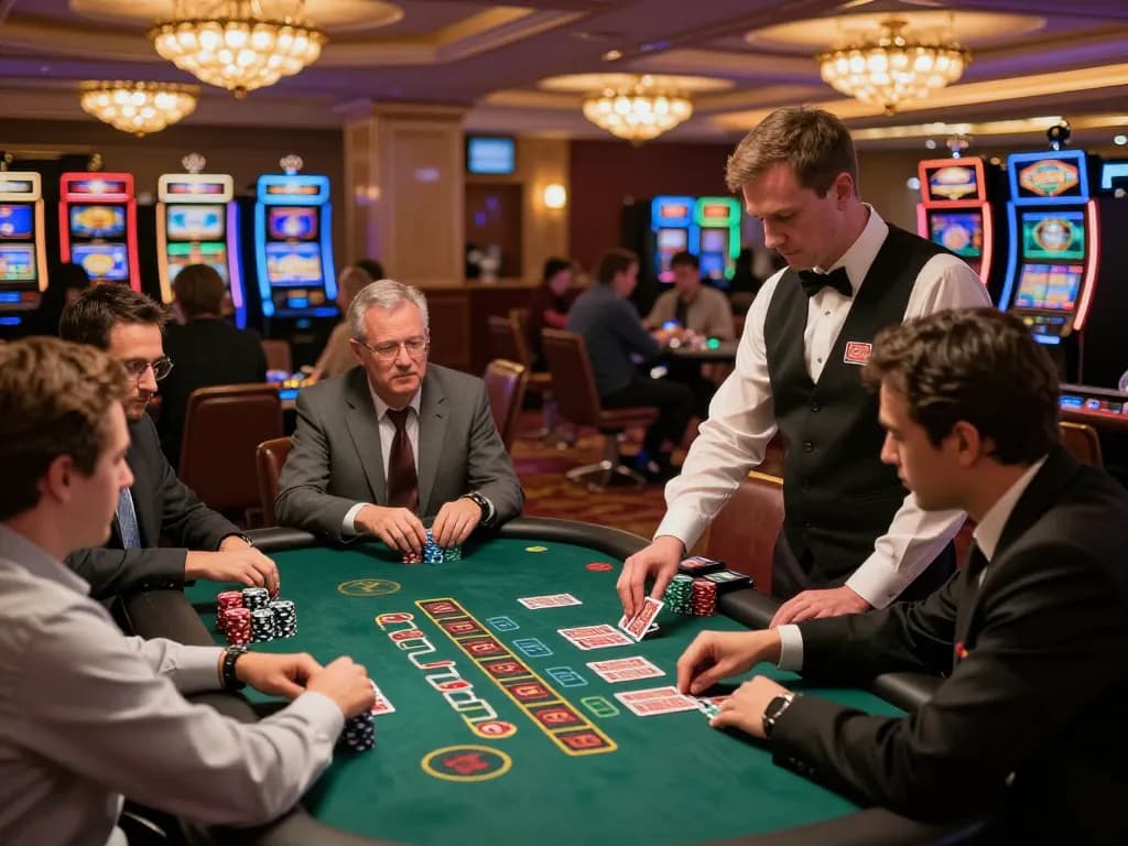 Experience the excitement of blackjack gameplay at lu88 casino with focused players and a professional dealer.
