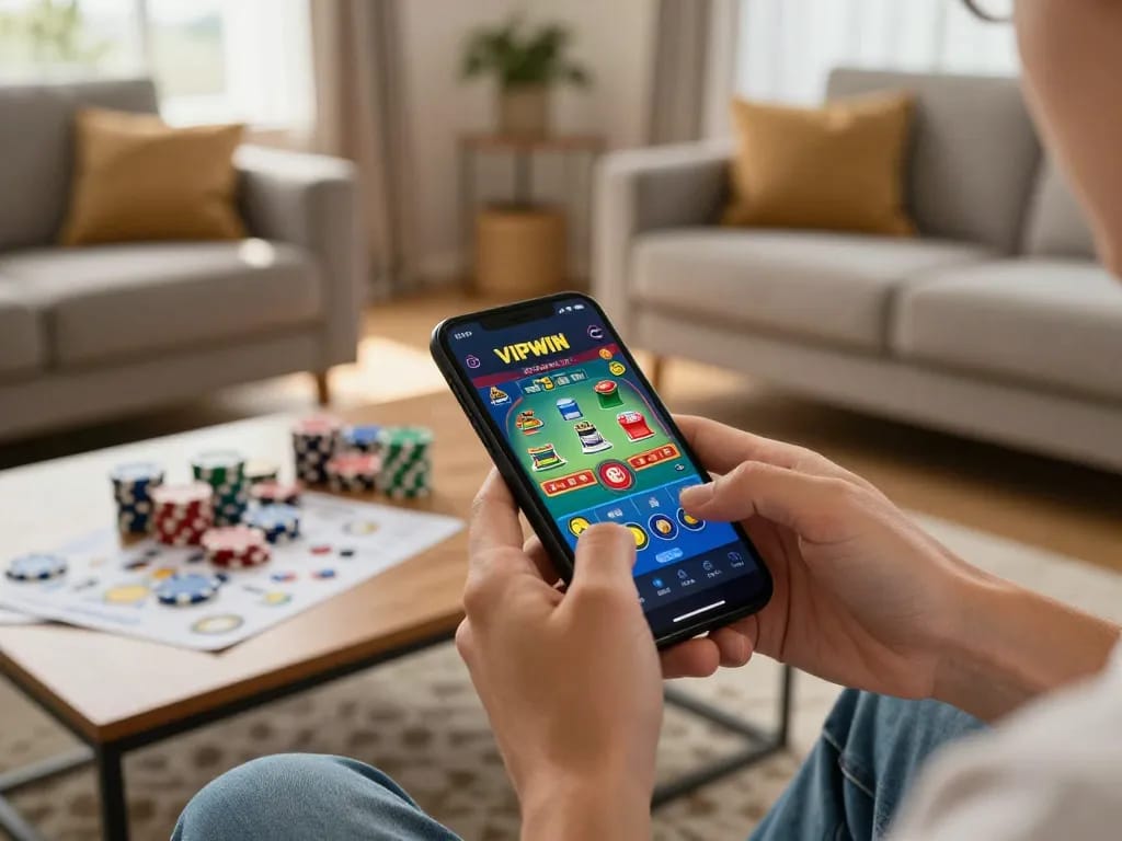 Player engaged with VIPWIN app on smartphone, immersed in exciting online casino action from home.