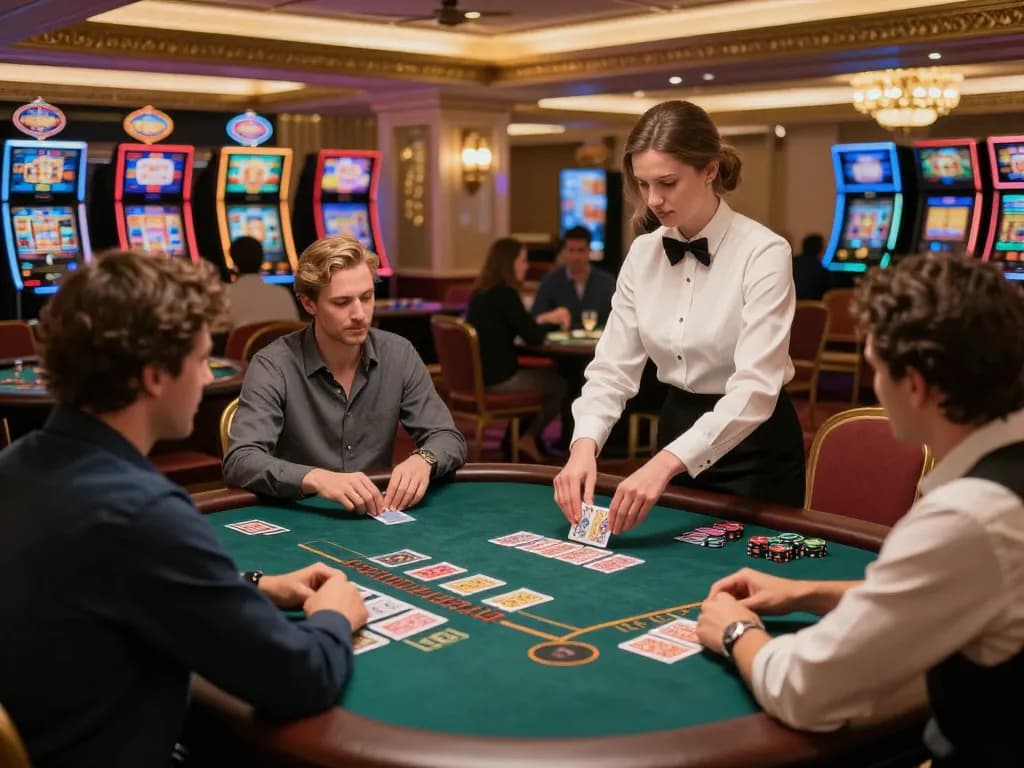 Players enjoying a round of Blackjack at Fabet casino, showcasing strategic gameplay and an elegant environment.