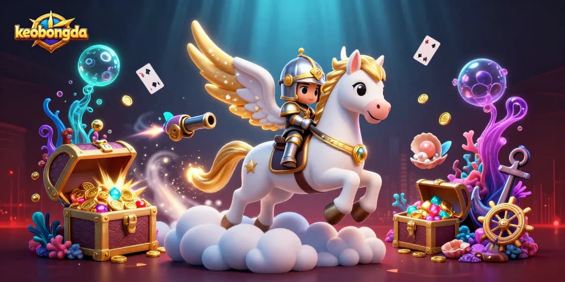 Engage with keobongda's immersive 3D casino scene featuring a celestial horse and knight exploring a treasure-filled underwater realm.