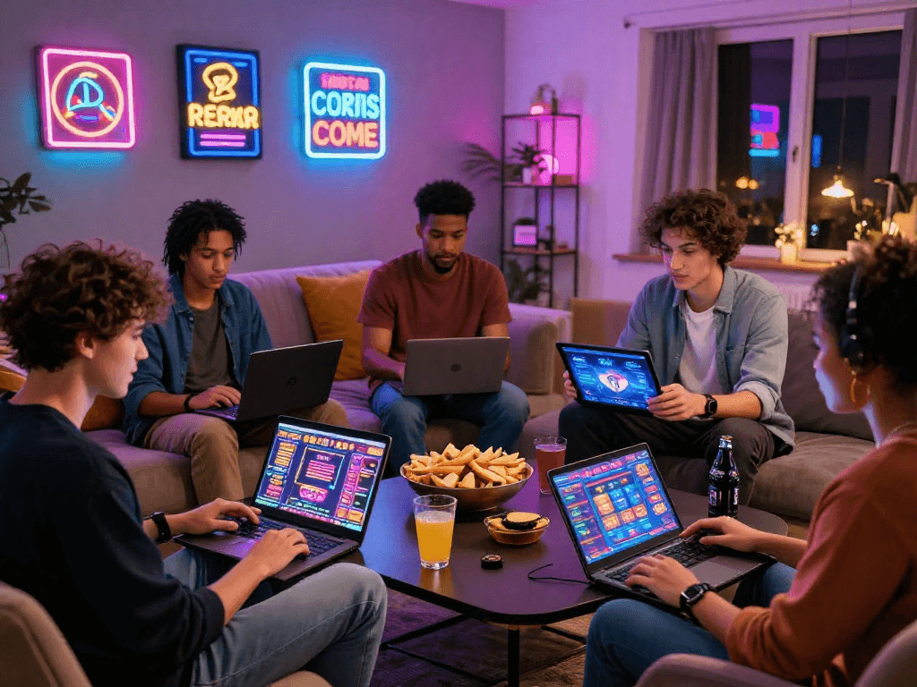 Friends enjoying online games at home, highlighting the excitement of non-UK casinos at https://ghsc.co.uk.