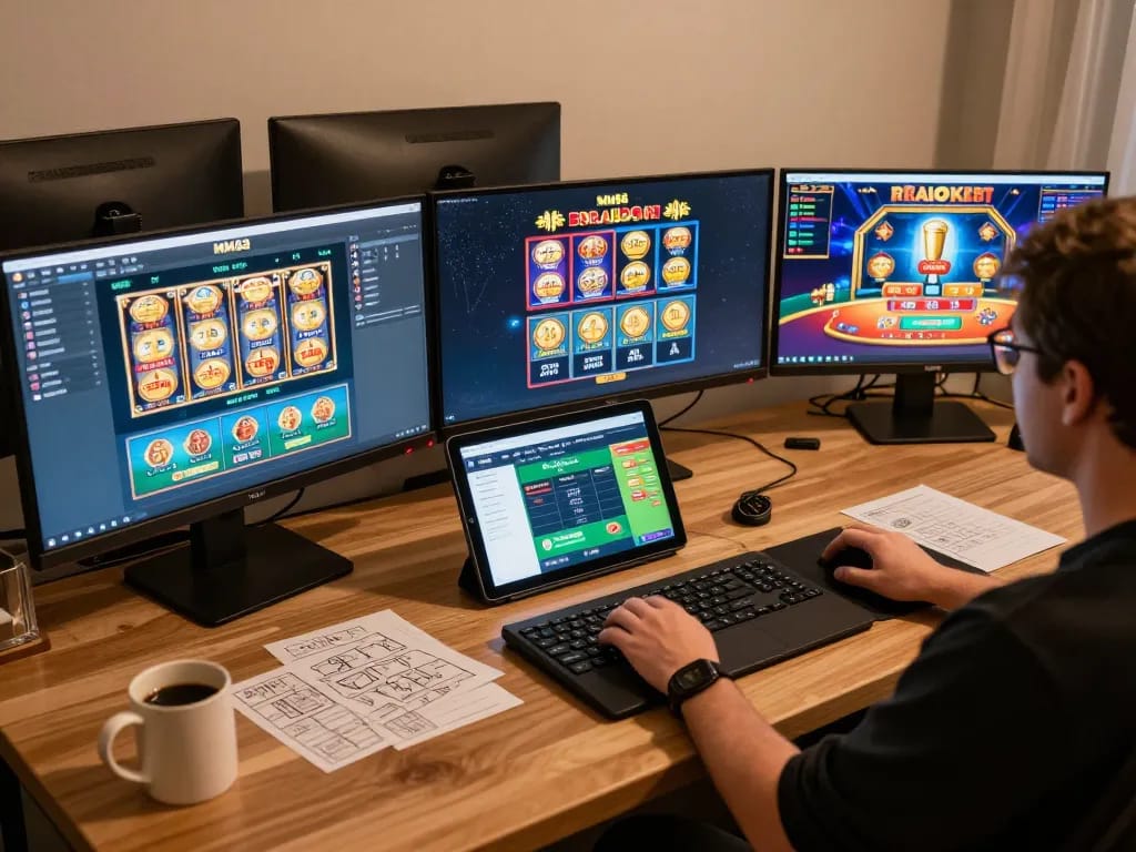 Player engaging with MM88 app on multiple screens in a modern online gaming setup