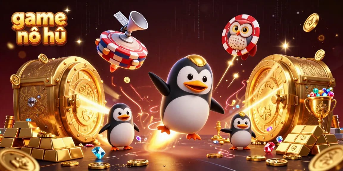 Experience the excitement of game nổ hũ with the golden penguin and treasures in a vibrant casino scene.