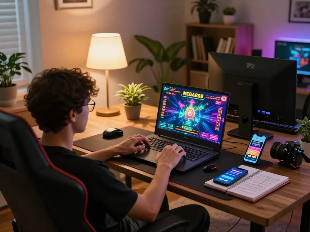 Engaged player enjoying MEGA888 online gaming setup during cozy evening session.
