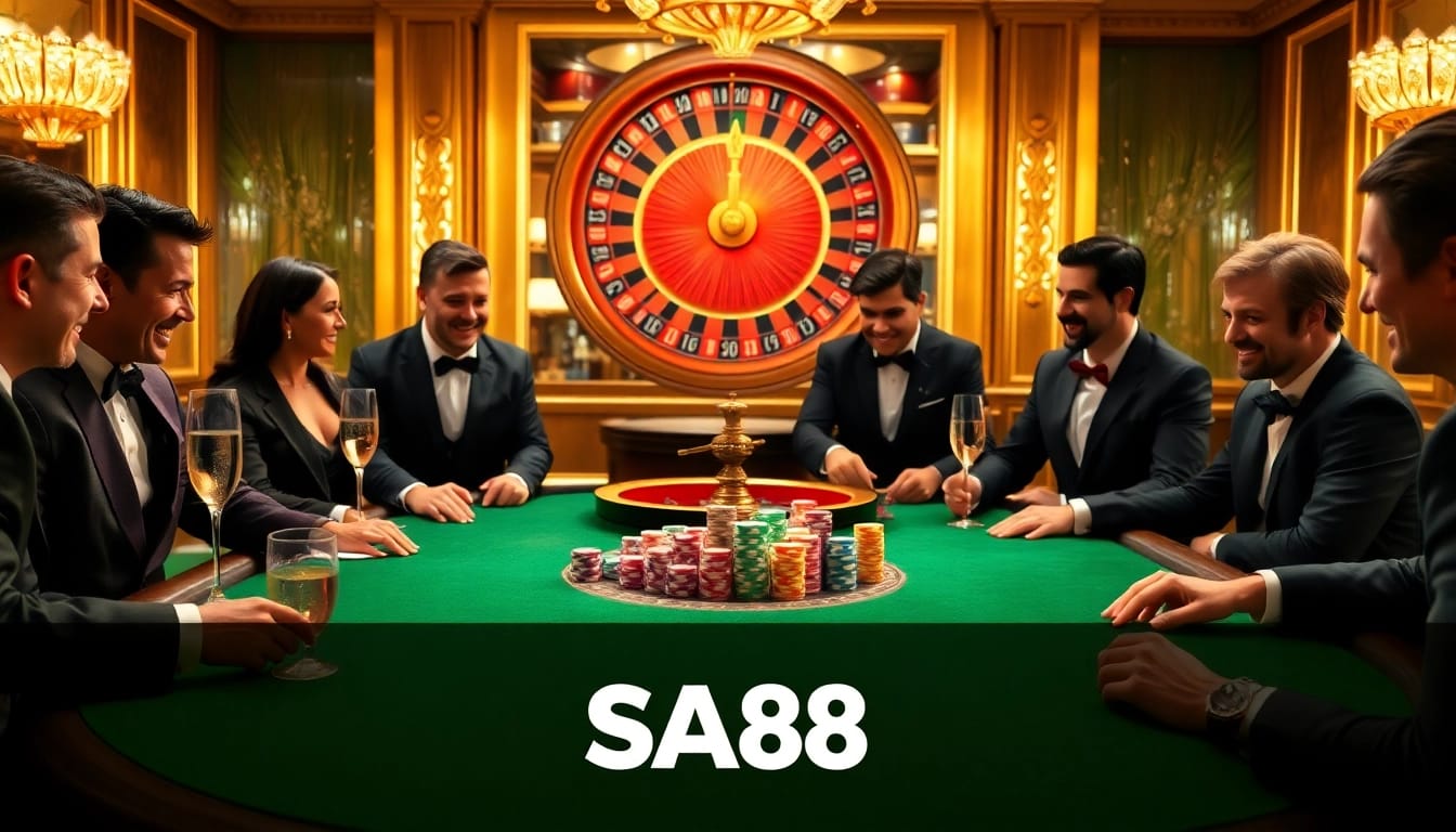 Players engaging at the high-stakes poker table, capturing the thrill of gambling at say88 casino.