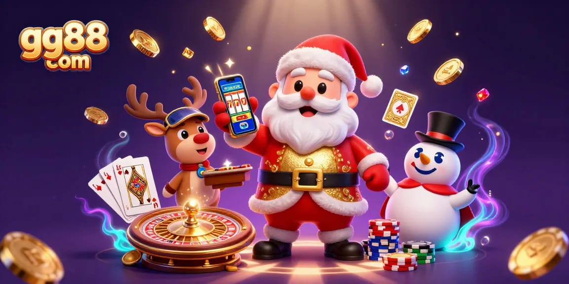 Experience the thrill of gaming at gg88 com with Santa, a reindeer dealer, and a poker chip snowman in an exciting casino scene.