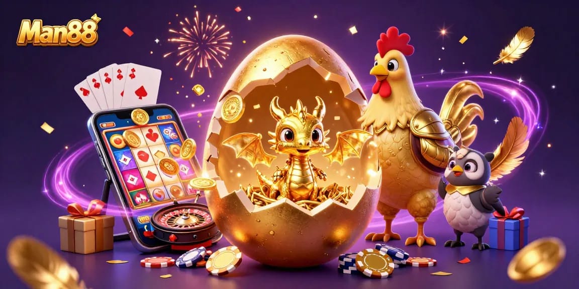 Engage with Man88's vibrant online casino world, showcasing a golden dragon and poker chips in a festive atmosphere.