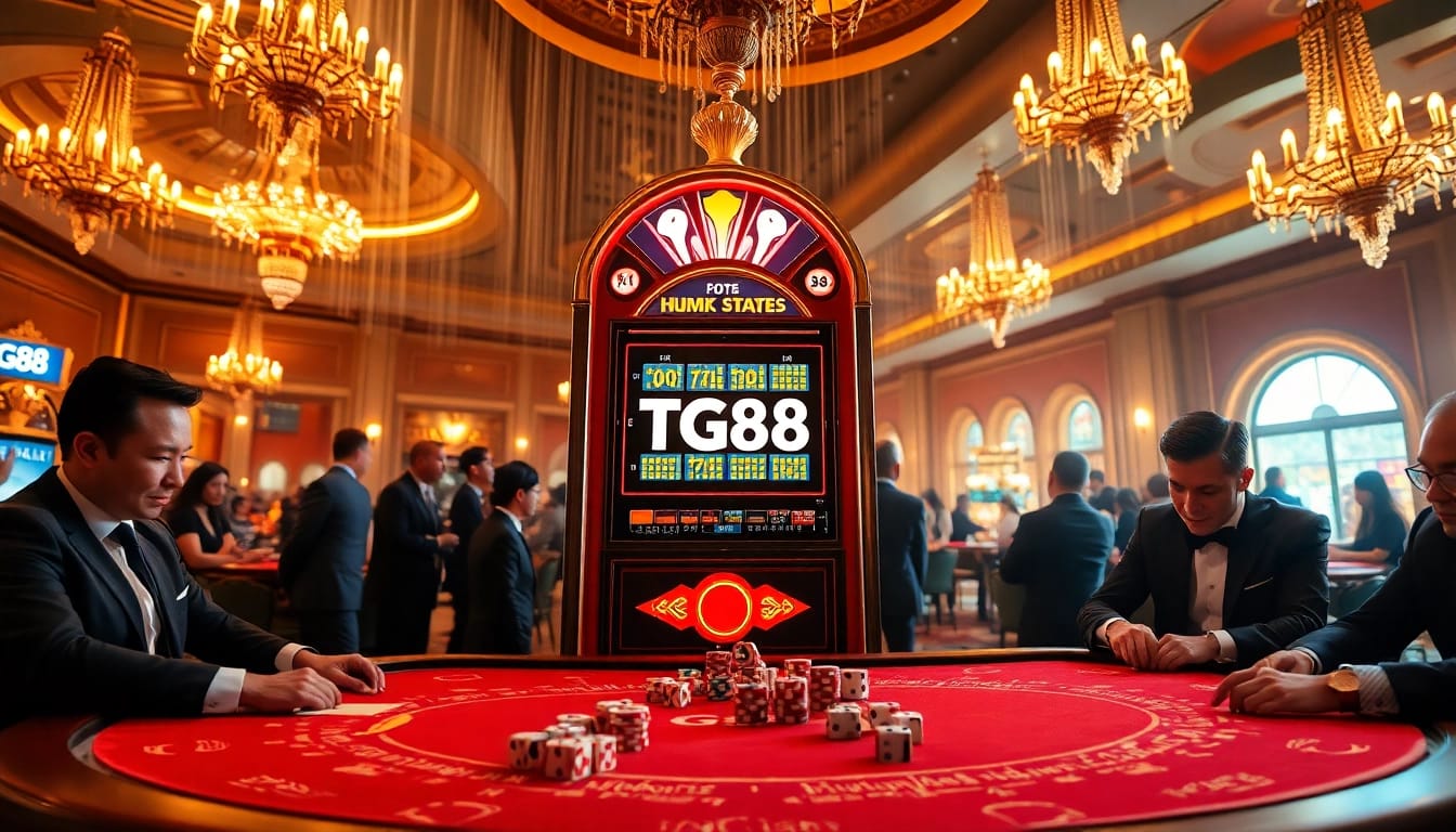Exciting gamblers playing on the TG88 branded slot machine in a luxurious casino.