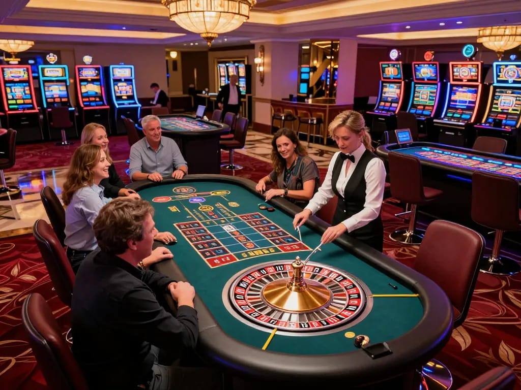 B52 players placing bets at an exciting roulette table in a vibrant casino atmosphere.