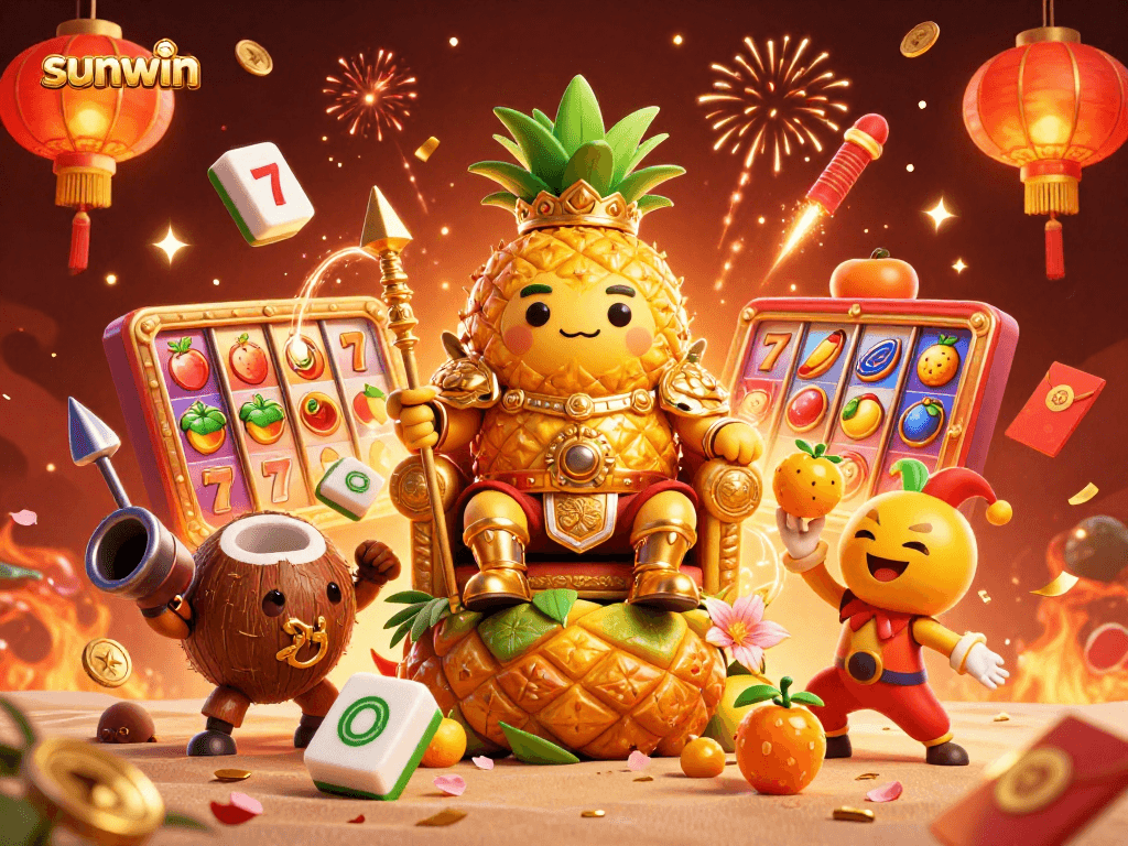 Spin to win with Sunwin’s vibrant 3D casino illustration featuring a pineapple king and dynamic gaming elements.