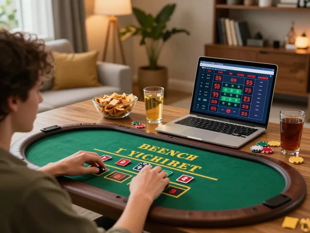 SKY88 player engaging in an exciting online blackjack game in a relaxed home setting