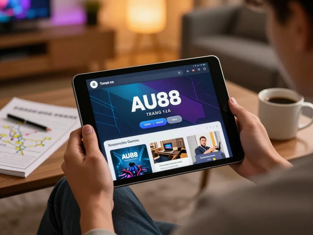 Engaging with AU88 Trang chủ on a tablet in a cozy home setting, emphasizing responsible gaming