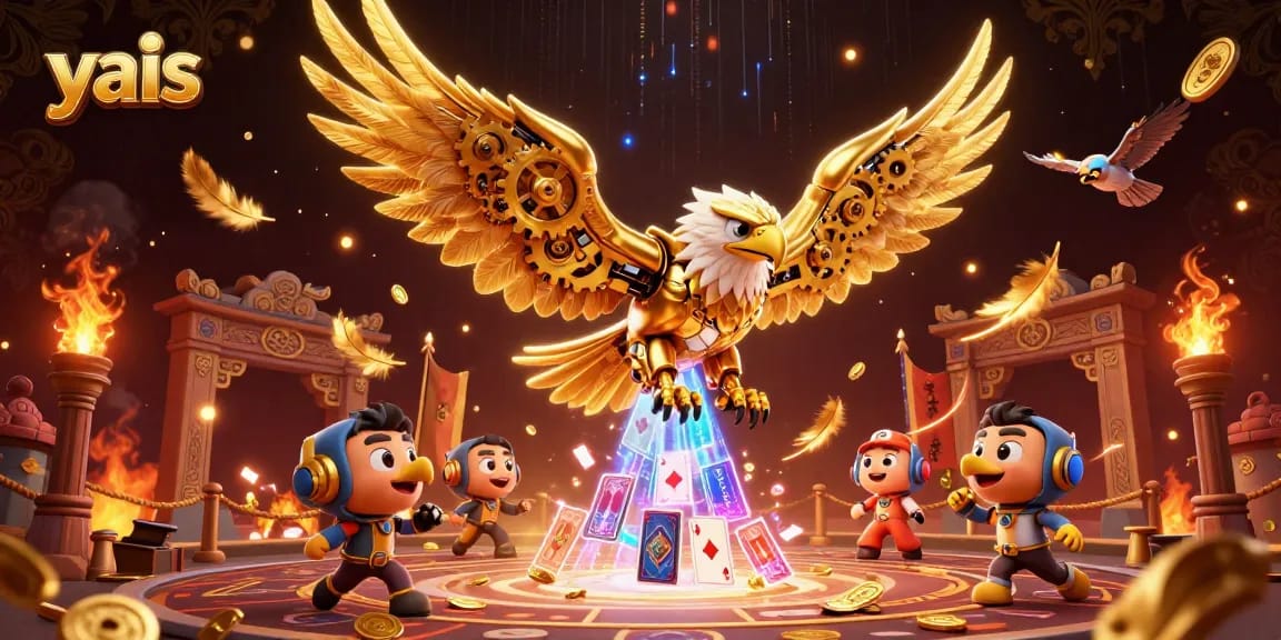 Engage with thrilling casino action at yais, as a dynamic golden eagle interacts with casino elements among playing cards.
