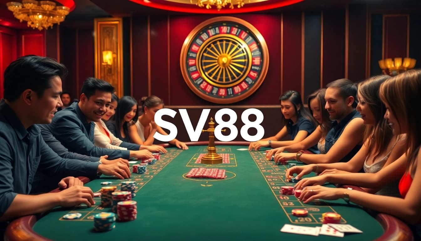 Players strategizing at a high-stakes SV 88 casino table with vibrant poker chips and a spinning roulette wheel.