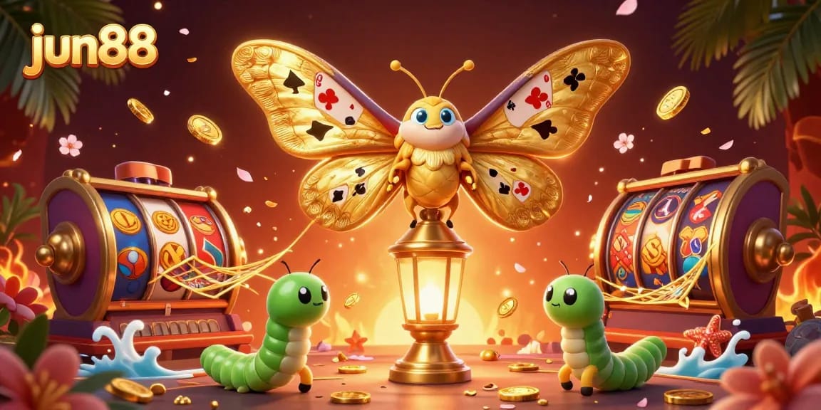 Experience dynamic gaming adventures at jun88 with vibrant slot reels and golden coins cascading.